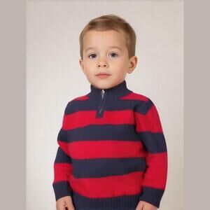 OshKosh‎ b'Gosh Boys Sweater Size 3T Red Navy Blue Striped 1/4 Zip